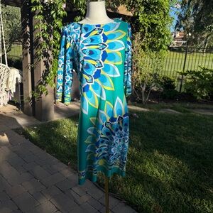 Sandra Darren Vibrant Blue and Yellow Long Sleeve Dress
